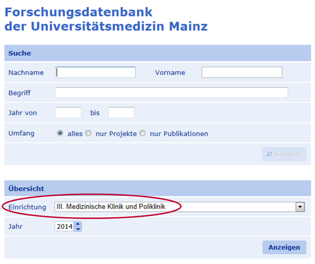 Suchmaske Forschungsdatenbank