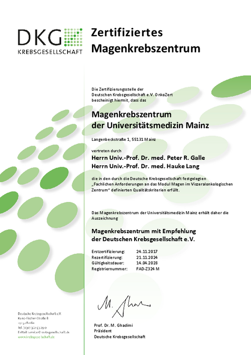 Zertifikat Magenkrebszentrum bis 2028