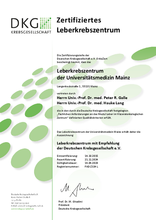 Zertifikat Leberkrebszentrum bis 2028