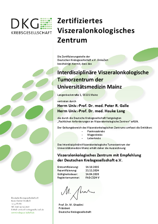 Zertifikat Viszeralonkologisches Zentrum bis 2028